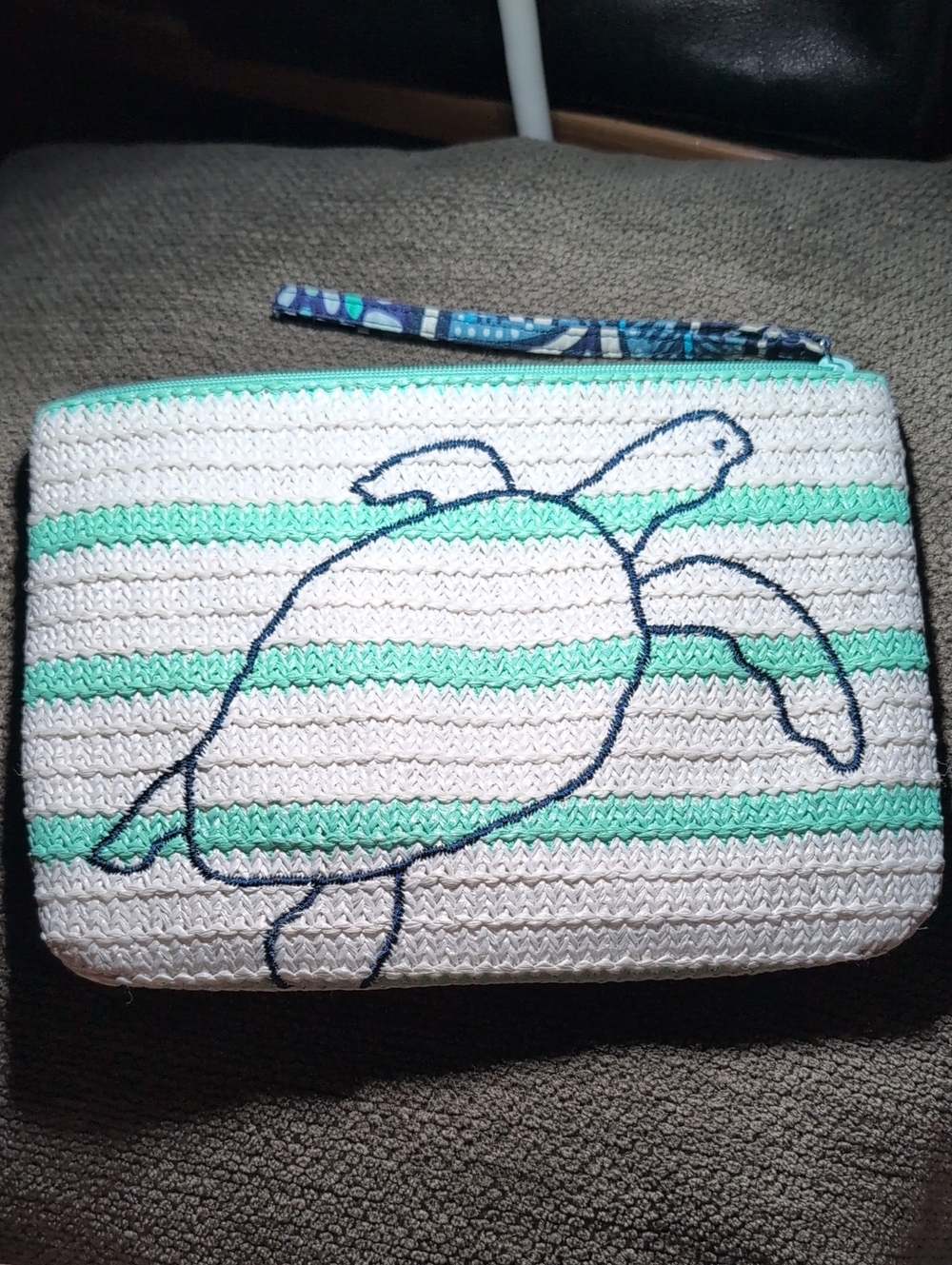 Vera Bradley White and Mint Striped Crochet Wristlet With Turtle Design.